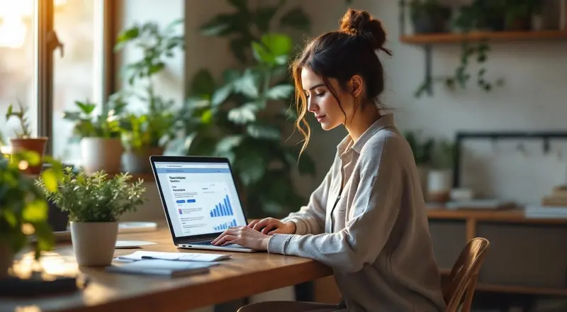Frau am Laptop erstellt einen Newsletter in einem modernen Home Office