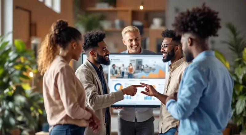 Team schaut gemeinsam auf Social-Media-Analytics auf einem großen Bildschirm im modernen Büro