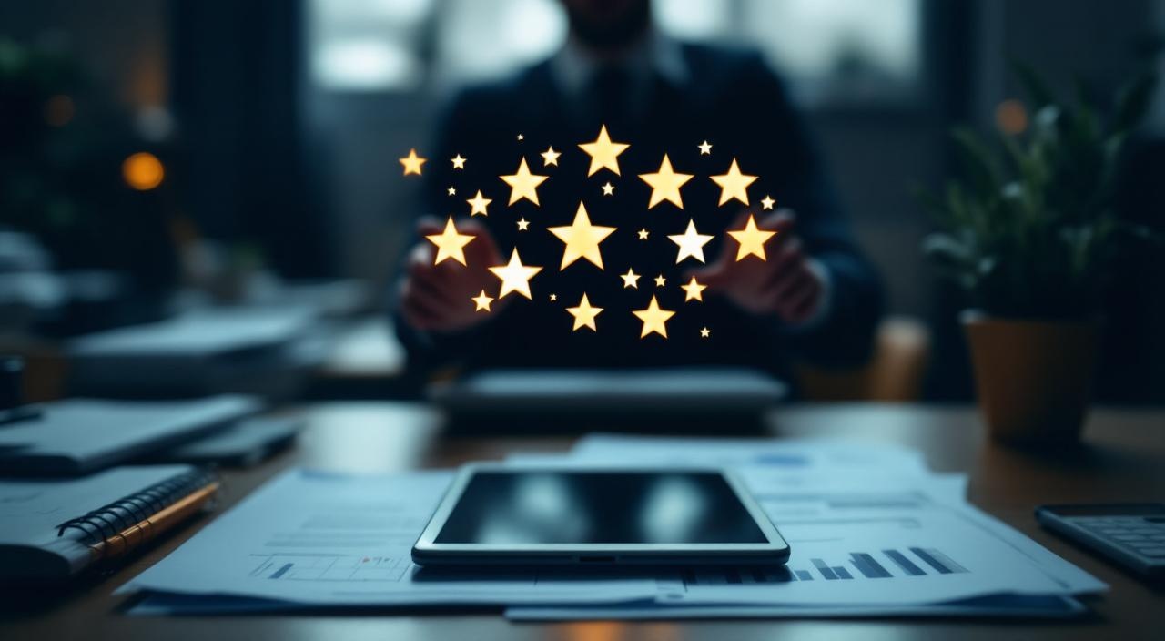 Abstrakte Sterne im Kreis über Tablet auf Schreibtisch mit Papieren