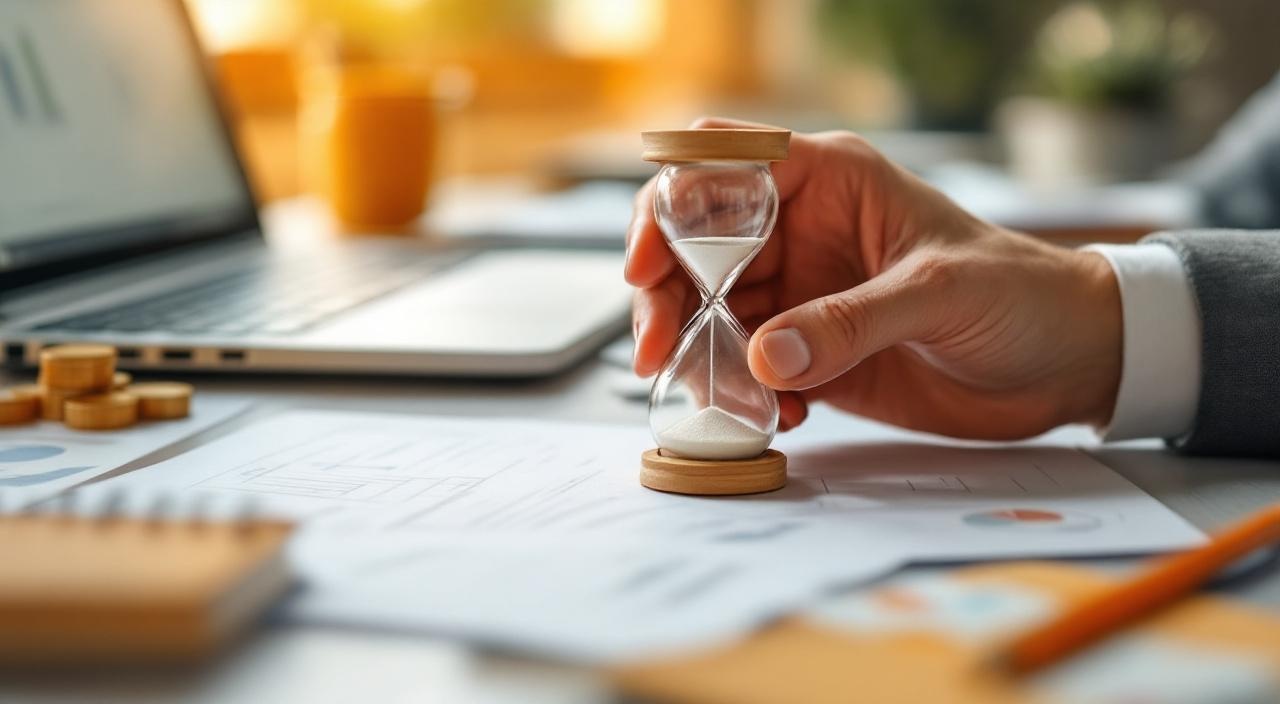 Hand mit Sanduhr neben Laptop und Lernmaterialien, Zeitdruck-Symbolik