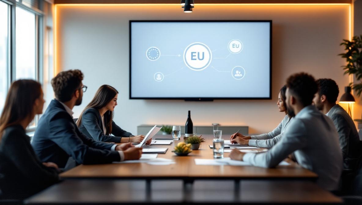 Team bespricht EU AI Act Compliance in modernem Besprechungsraum