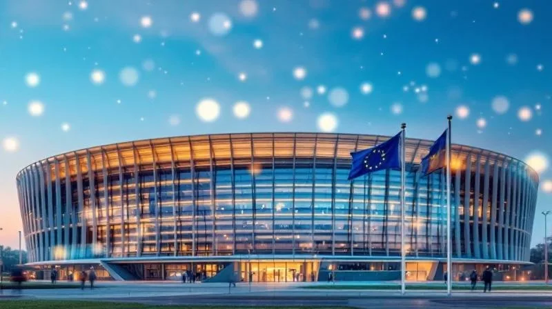 EU-Parlamentsgebäude mit digitalem Overlay