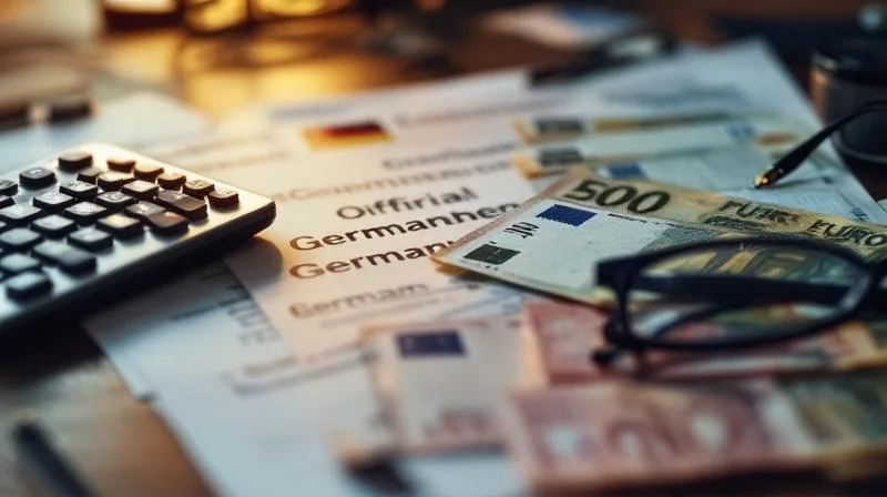 Taschenrechner, Euro-Scheine und offizielle Dokumente auf Schreibtisch