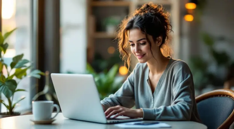 Person am Laptop in einem hellen Coworking-Space