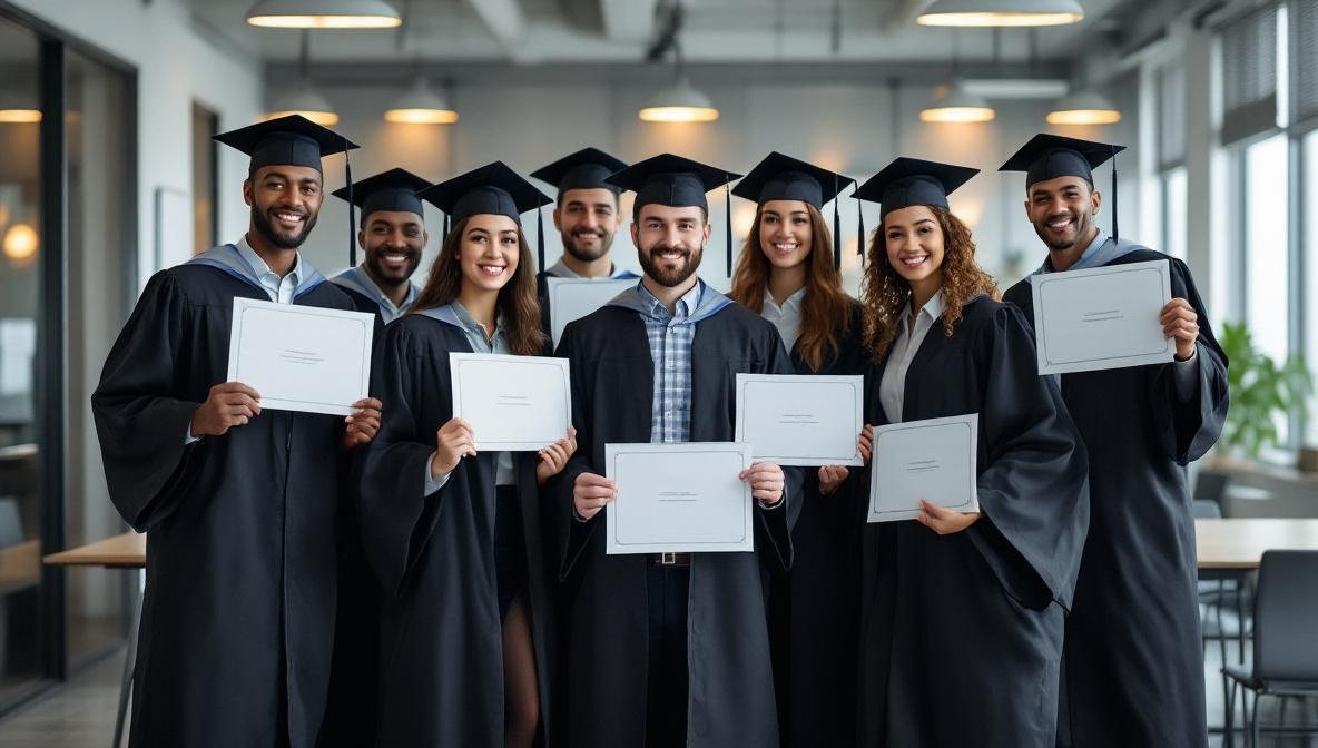 Gruppe professioneller Fachkräfte mit verschiedenen IHK-Zertifikaten in modernem Schulungsraum