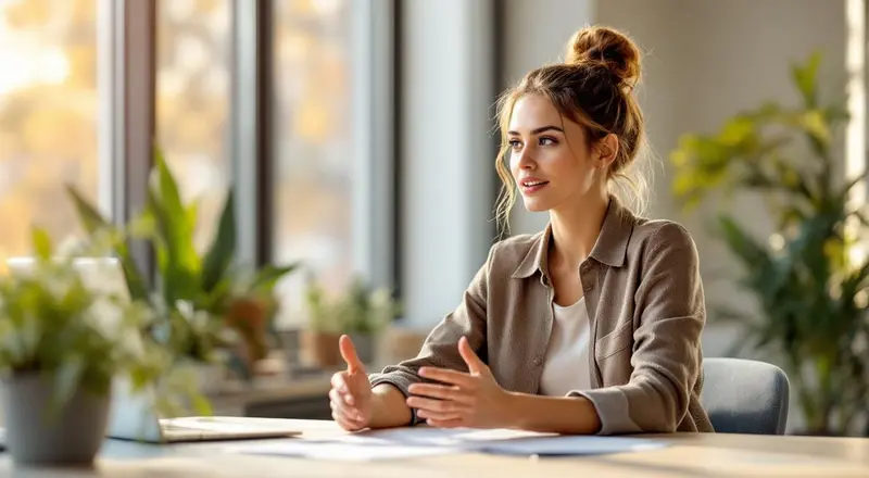 Frau bei selbstbewusster Gehaltsverhandlung am Bürotisch