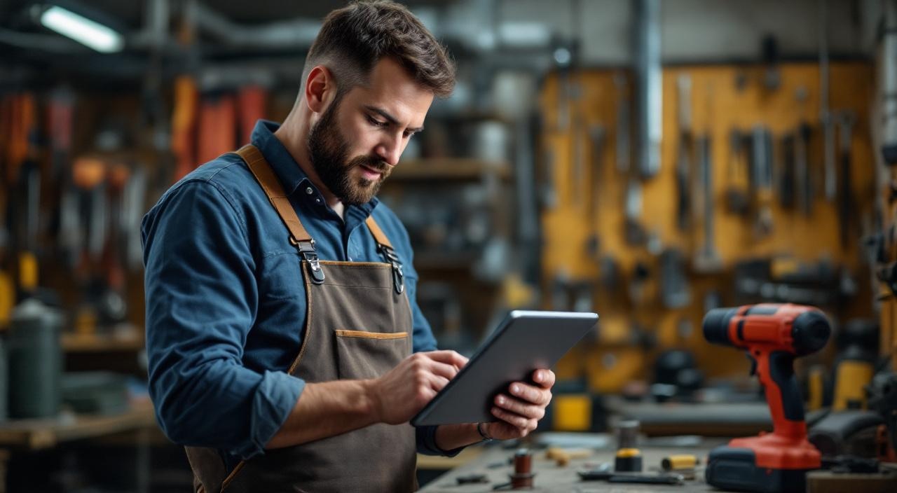 Handwerksmeister erstellt Angebot mit KI-Unterstützung am Tablet vor Ort beim Kunden