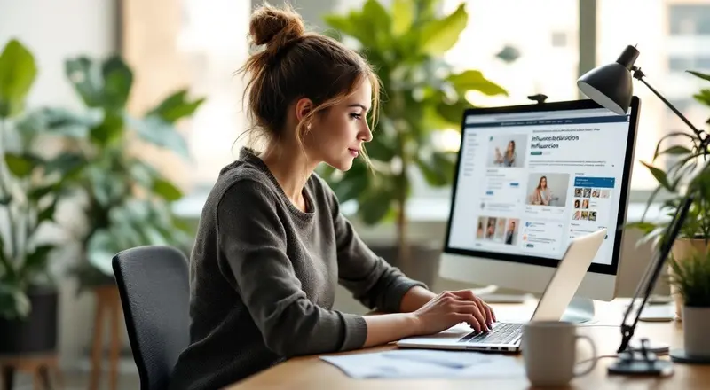 Person am Laptop plant Influencer-Kooperation mit Social-Media-Profilen auf dem Bildschirm