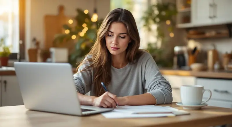 Frau am Laptop schreibt konzentriert eine Bewerbung am Küchentisch