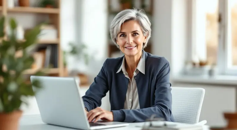 Frau Anfang 50 mit kurzen Haaren am Schreibtisch, blickt entschlossen in die Kamera
