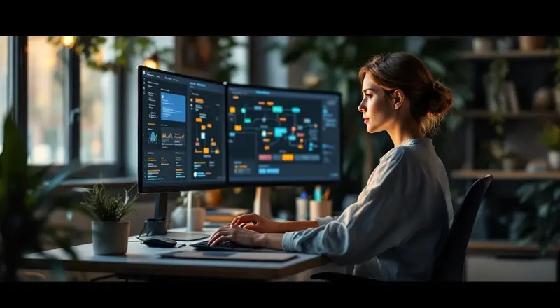 Frau am Laptop baut KI-Agenten-Workflow mit visueller No-Code-Oberfläche