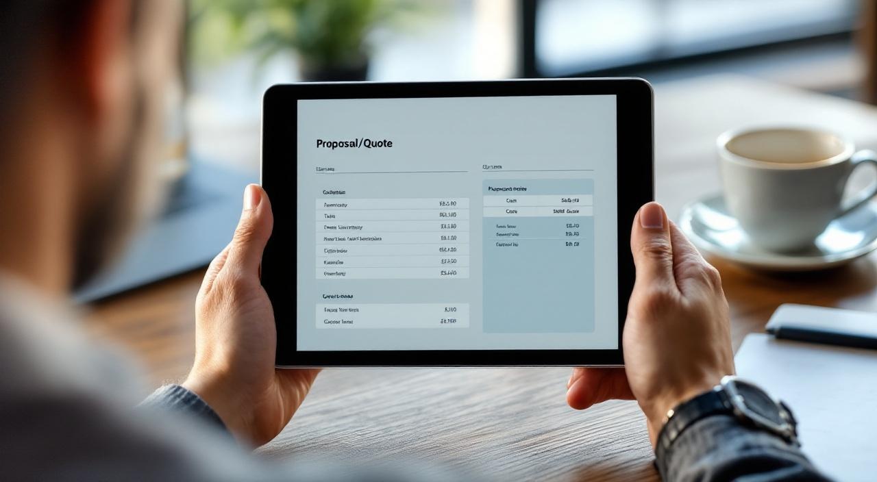 Vertriebsmitarbeiter mit Tablet erstellt Angebot am modernen Schreibtisch
