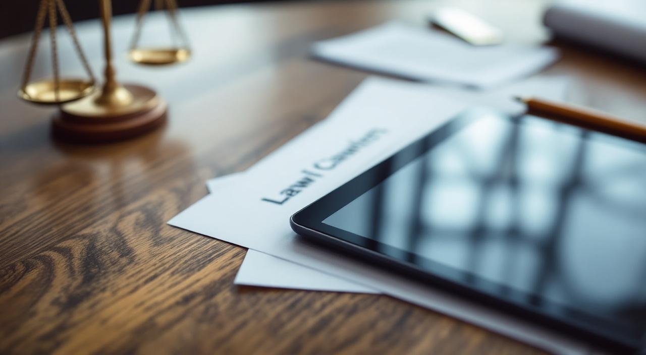 Juristische Dokumente und Tablet auf Holzschreibtisch, Kanzlei-Atmosphäre