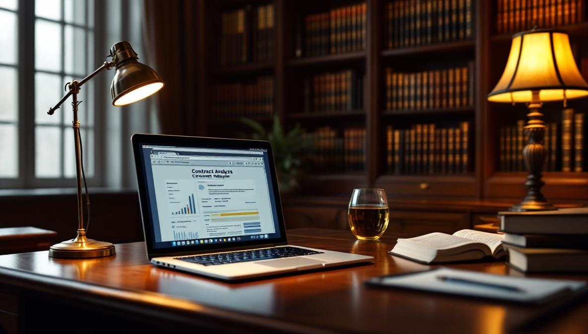 Elegante Anwaltskanzlei-Bibliothek mit modernem Laptop und Vertragsanalyse-Software
