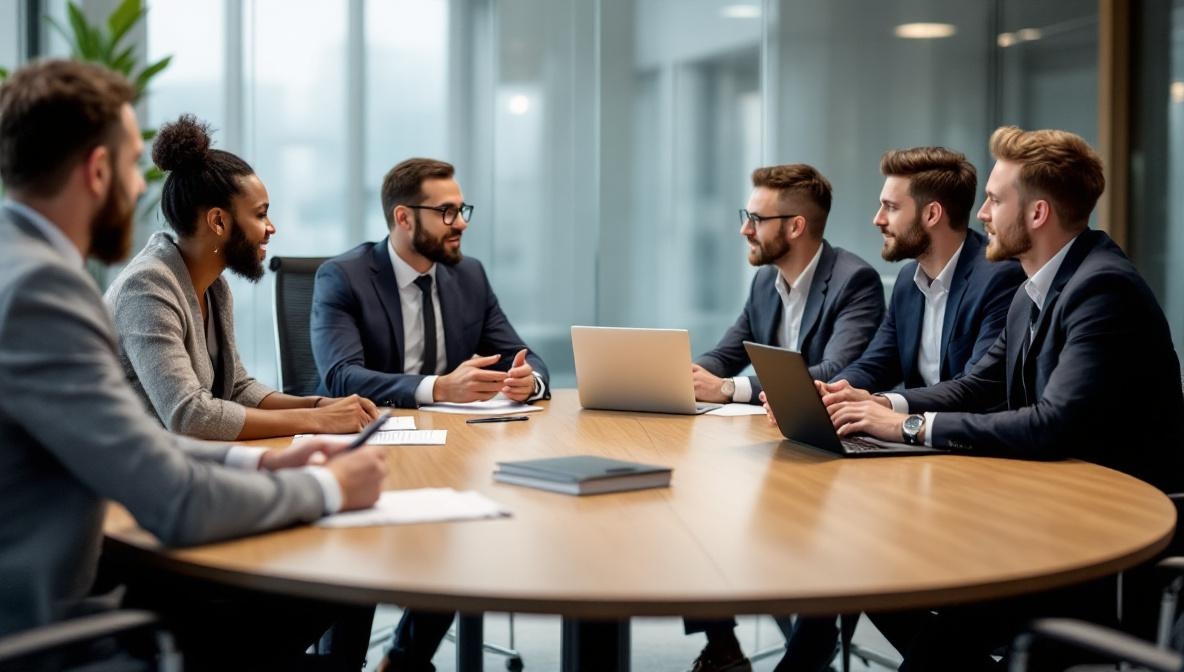 Diverse Gruppe von Geschäftsleuten in Besprechung am runden Konferenztisch