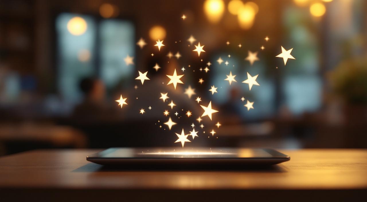 Abstrakte Sternebewertungen über Tablet auf Café-Schreibtisch