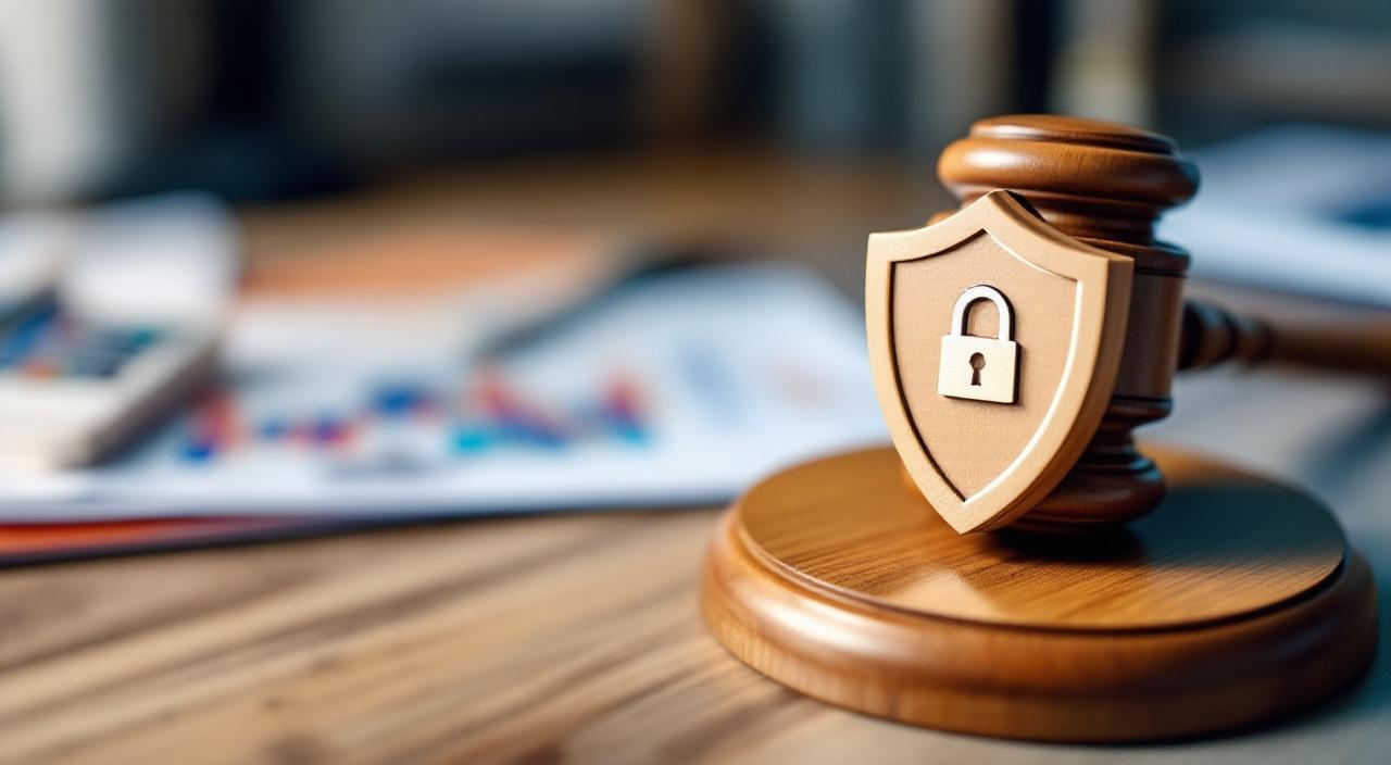 Justitia-Hammer und Datenschutz-Schild auf modernem Schreibtisch, symbolisch