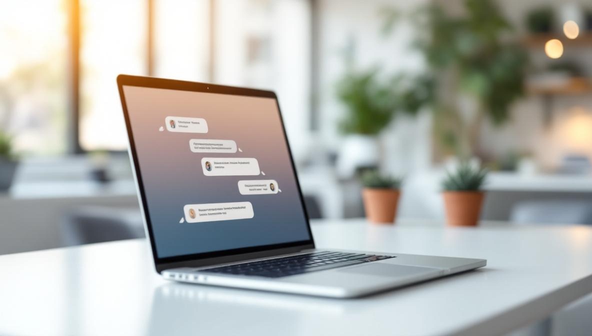 Professioneller Chatbot-Dialog auf einem Laptop-Bildschirm in einem modernen Büro