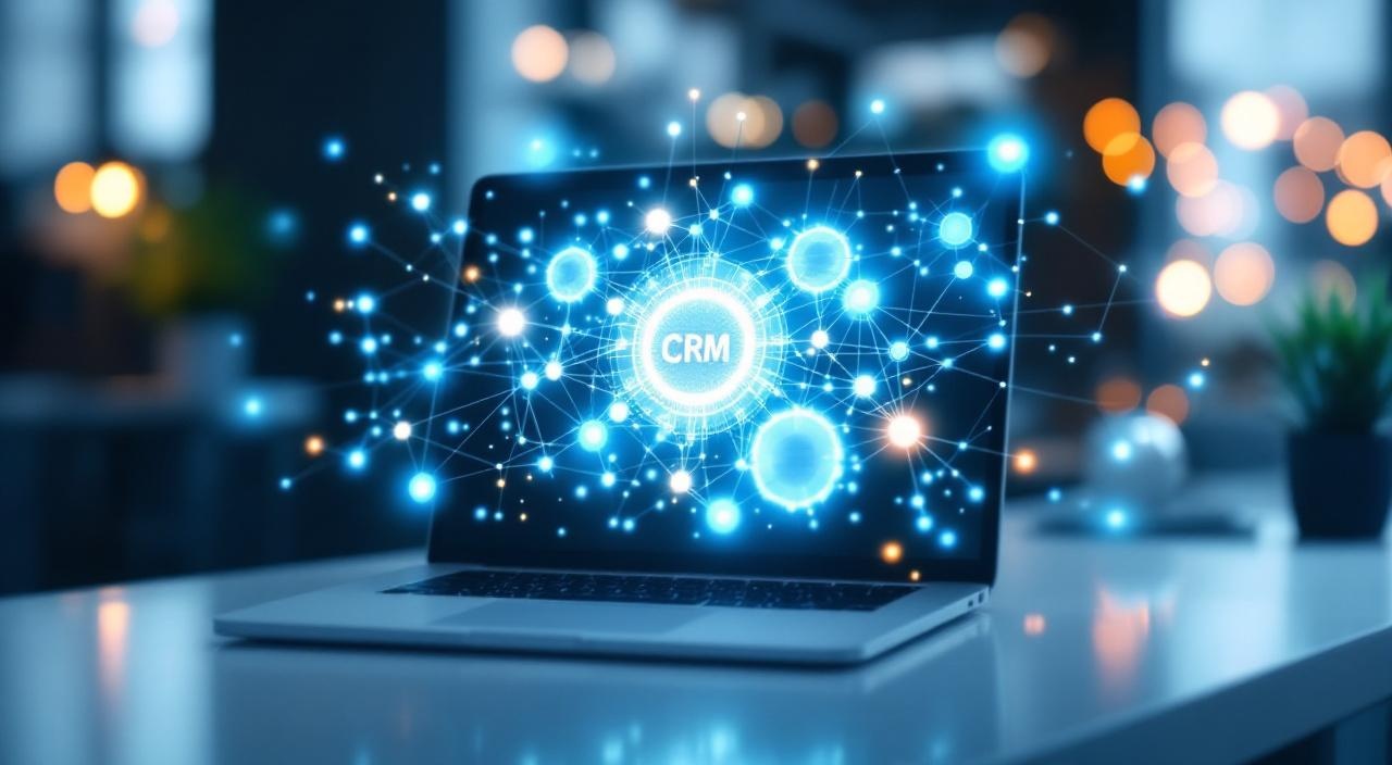 Abstrakter Kundenbeziehungs-Graph über Laptop auf Schreibtisch