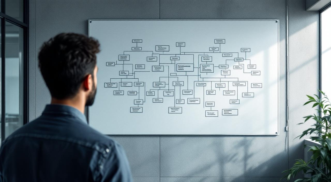 Person betrachtet abstrakte Entscheidungsmatrix an Wand, fokussiert