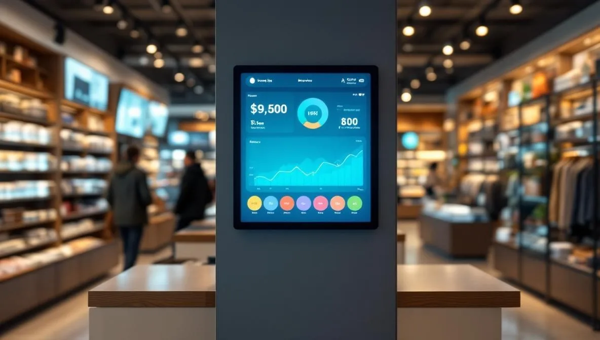 Modernes Einzelhandelsgeschäft mit digitalen Preisschildern und Analyse-Bildschirm