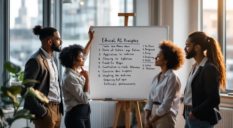 KI Ethik Diskussion im Team vor Whiteboard mit Prinzipien