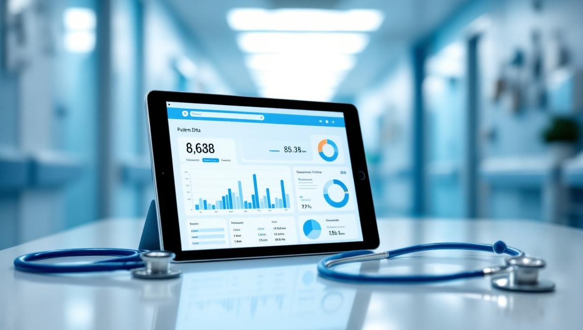 Heller moderner Krankenhausflur mit digitalem Tablet auf dem Pflegestützpunkt