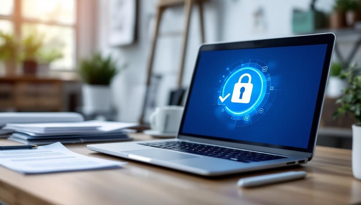 Aufgeräumter Schreibtisch mit Compliance-Dokumenten und Laptop mit Checkliste