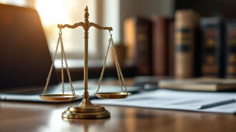 Waage der Justitia auf modernem Schreibtisch neben Laptop, juristische Fachliteratur im Hintergrund