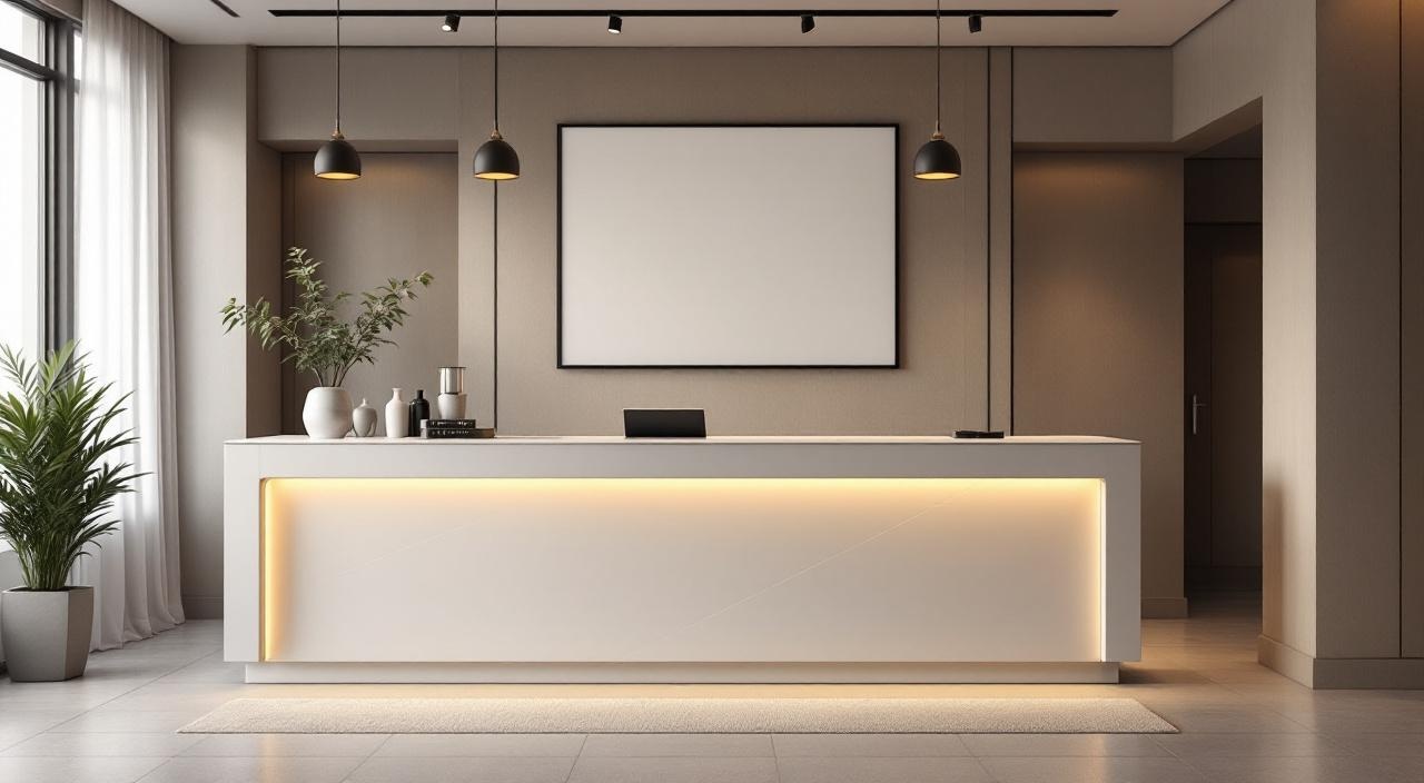 Moderne Hotelrezeption mit Tablet und minimalistischer Einrichtung