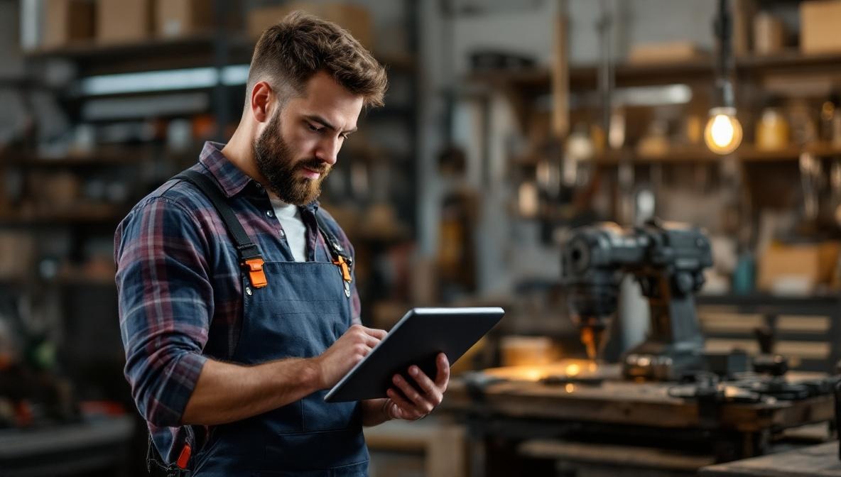 Handwerker in moderner Werkstatt schaut auf Tablet, Metallbearbeitungswerkzeuge im Hintergrund
