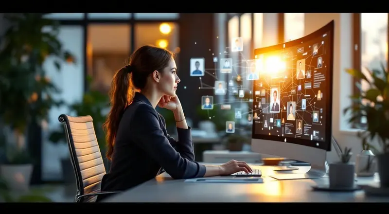 Frau am Schreibtisch analysiert digitale Bewerberprofile mit KI-Visualisierung am Bildschirm