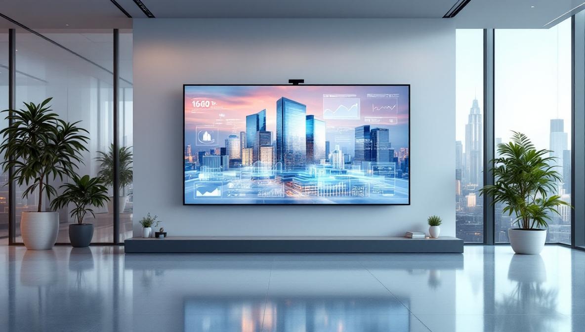 Modernes Immobilienbüro mit Augmented-Reality-Gebäudevisualisierung auf großem Display