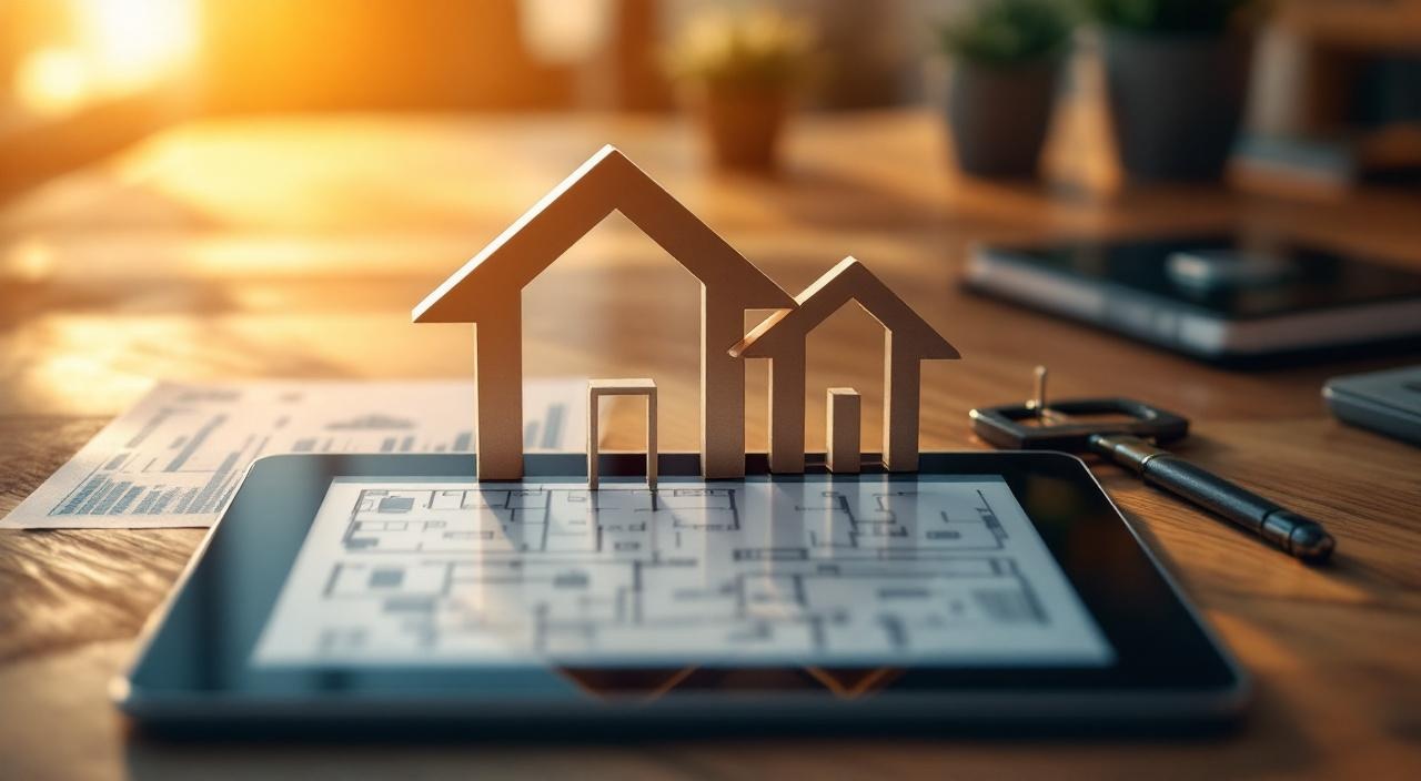 Schlüssel und abstrakte Grundriss-Shapes über Tablet auf Holzschreibtisch