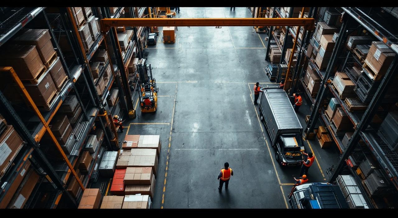 Logistik-Lager von oben mit Mitarbeitern in Sicherheitswesten und Regalsystemen