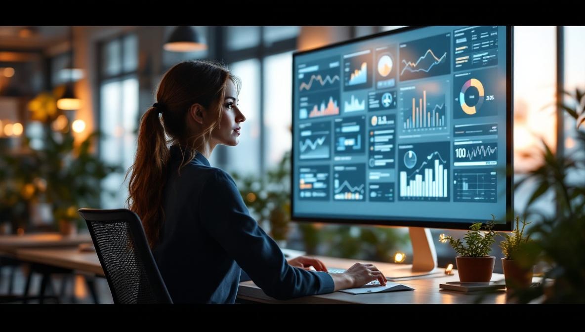 Professionelle Frau arbeitet mit KI-Dashboard auf großem Bildschirm in modernem Büro