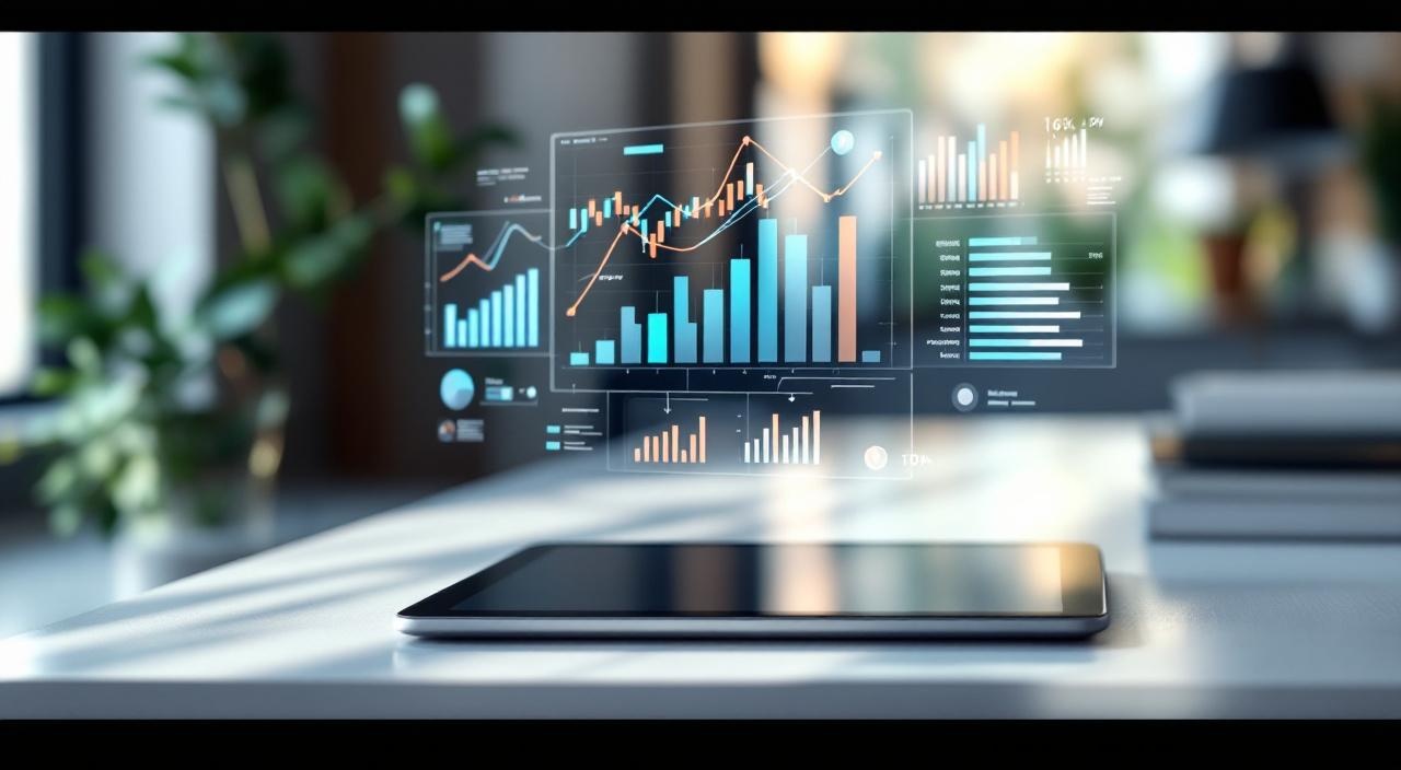 Abstrakte Dashboards und aufsteigende Diagramme über Tablet, Cost-Tracking-Symbolik
