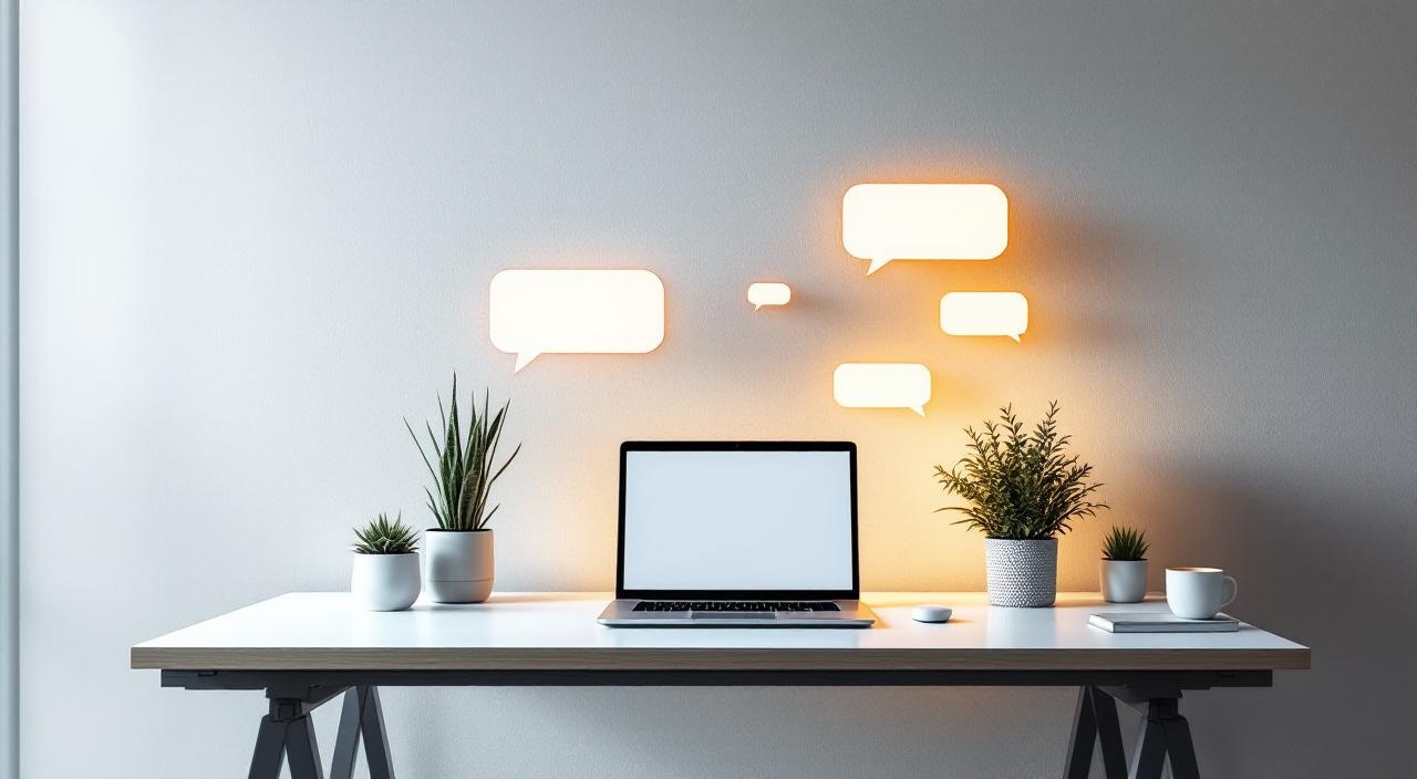 Abstrakte Chat-Bubbles über modernem Schreibtisch, KI-Symbolik