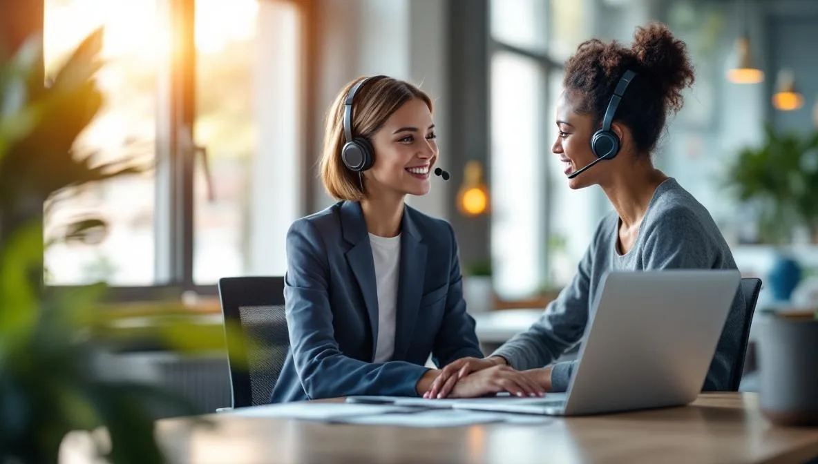 Kundenservice-Mitarbeiterin am modernen Arbeitsplatz mit Headset und Laptop mit KI-Chat-Interface