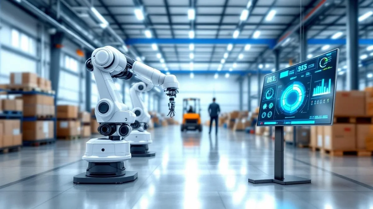 Modernes Lager mit Robotersystemen und digitalen Dashboards, Gabelstapler im Hintergrund