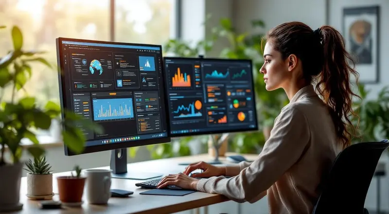 Person arbeitet an einem Laptop mit KI-Dashboard in einem modernen Büro