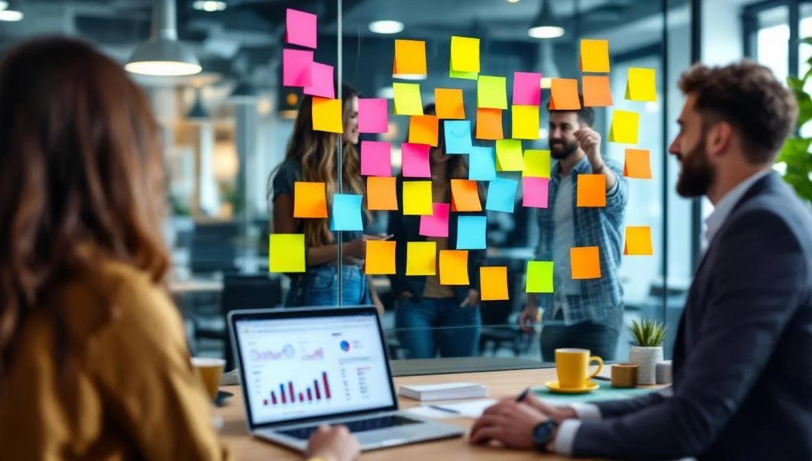 Marketing-Team beim Brainstorming mit bunten Sticky Notes an einer Glaswand und Laptop mit Analytics-Dashboard