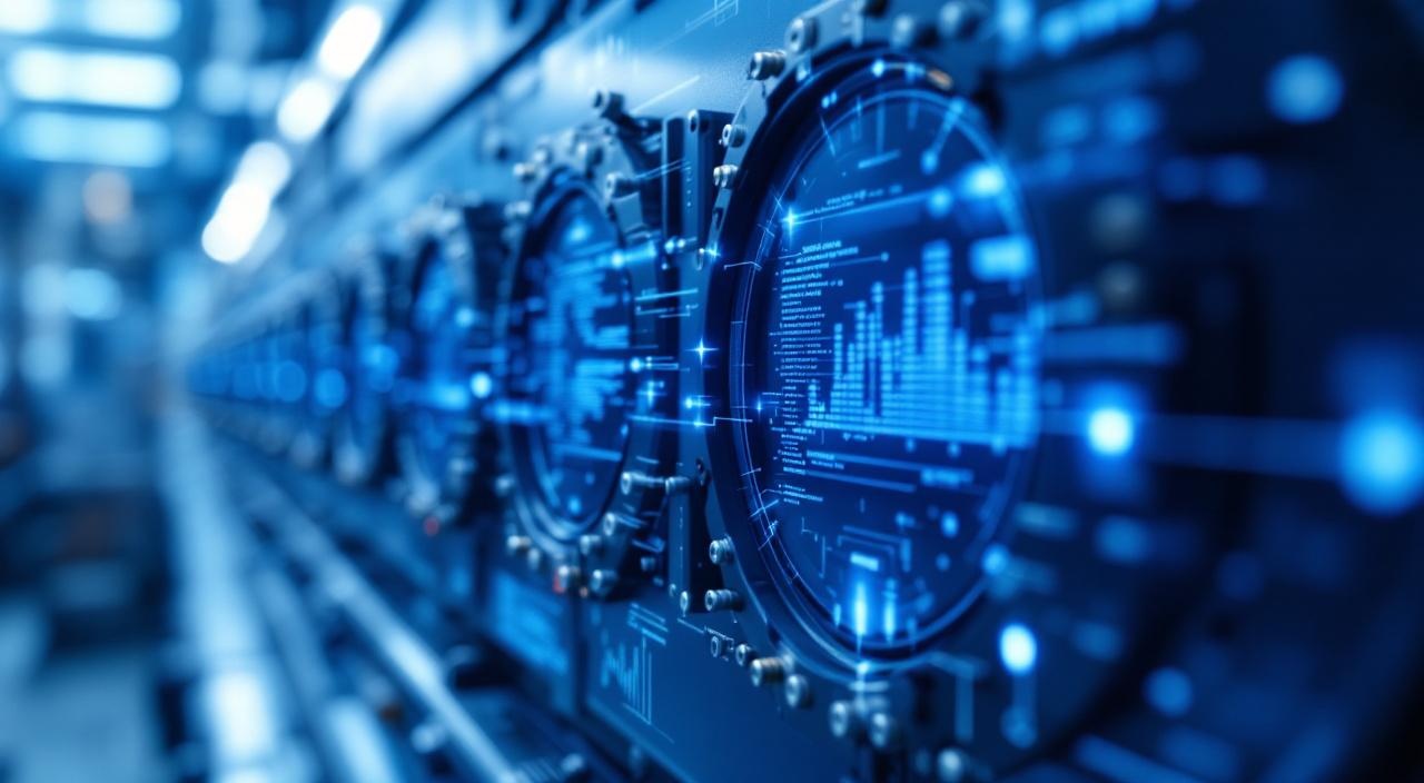 Industrielle Maschinen-Detailaufnahme mit abstrakten Sensor-Daten im blauen Licht