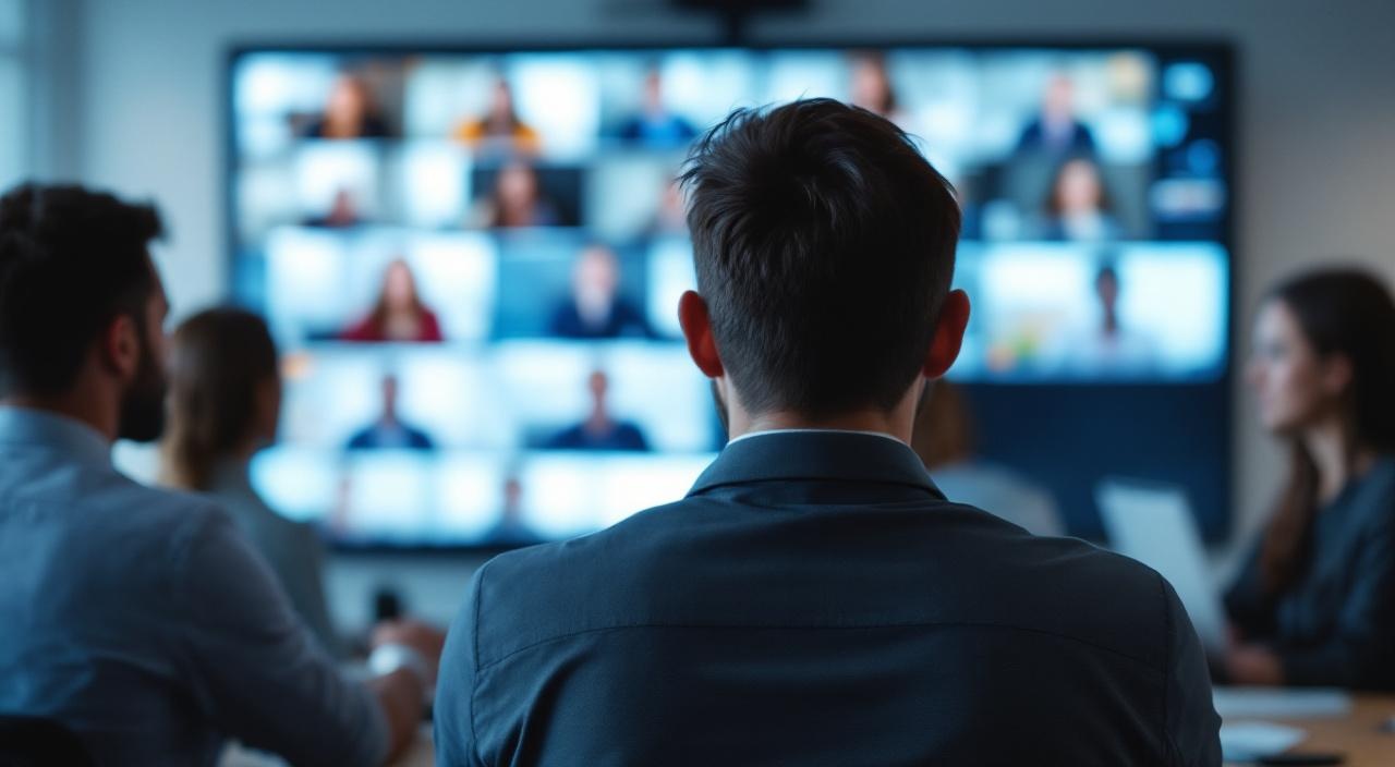 Anonyme Personen in Videokonferenz-Setup mit mehreren Bildschirmen