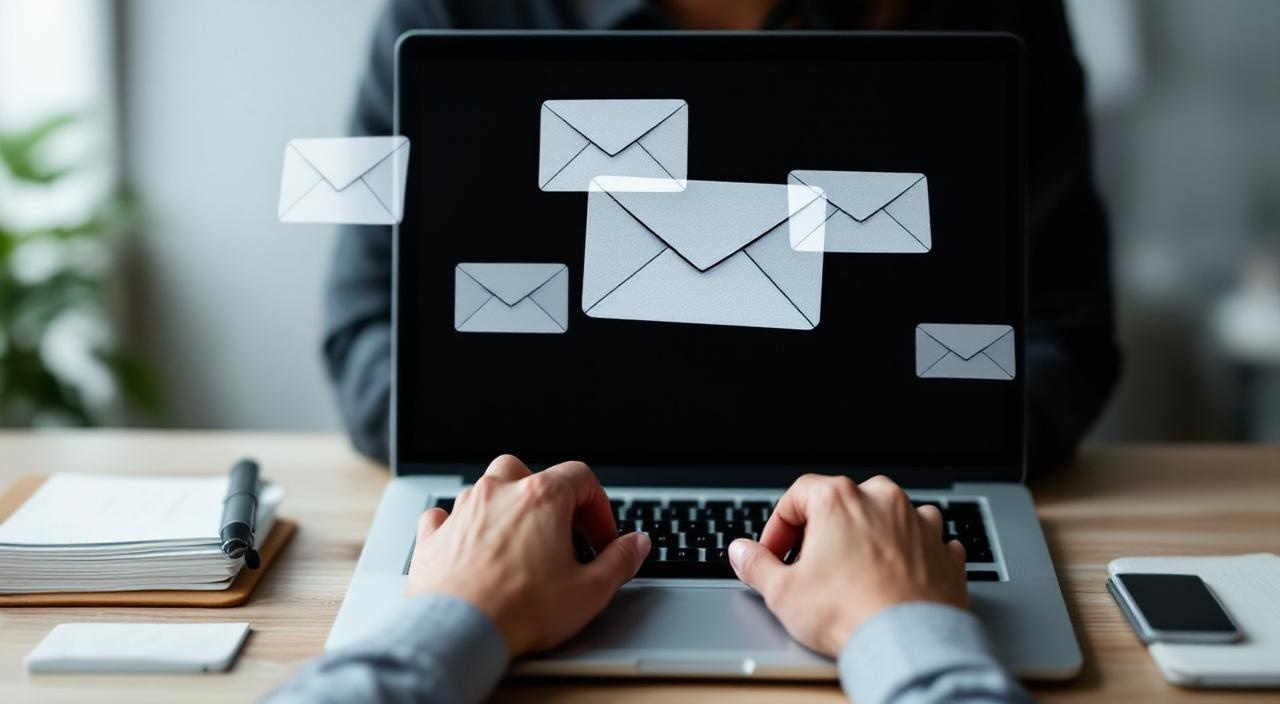 Abstrakte Umschlag-Formen über Laptop mit tippenden Händen