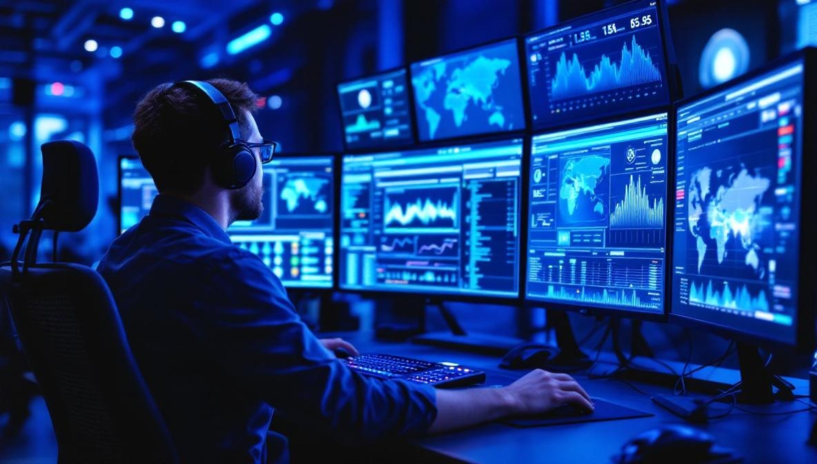 IT-Sicherheitsexperte überwacht Netzwerk-Dashboard mit KI-Anomalieerkennung in dunklem SOC-Raum