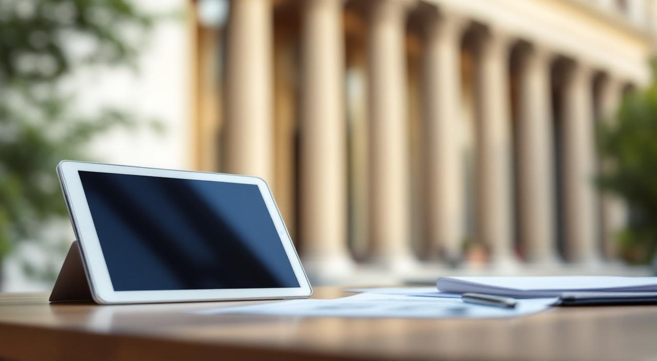 Abstrakte Gebäudefassade mit Säulen und modernes Tablet auf Schreibtisch