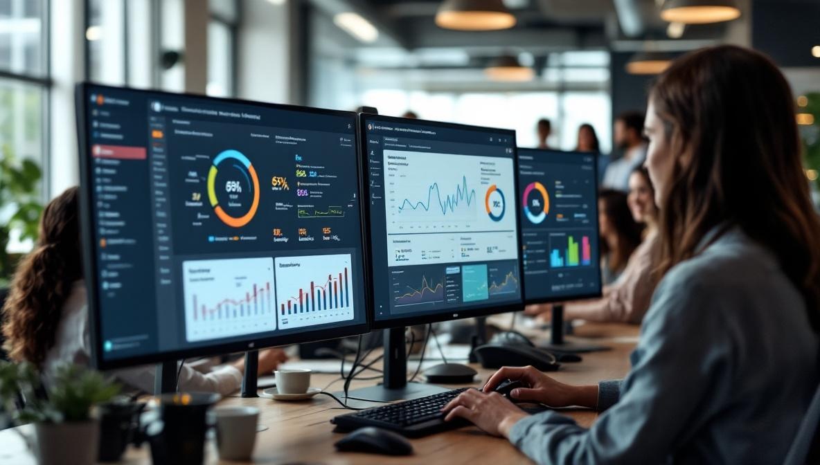 Moderner Personaldienstleister-Arbeitsplatz mit Kandidaten-Matching-Dashboard auf Bildschirmen