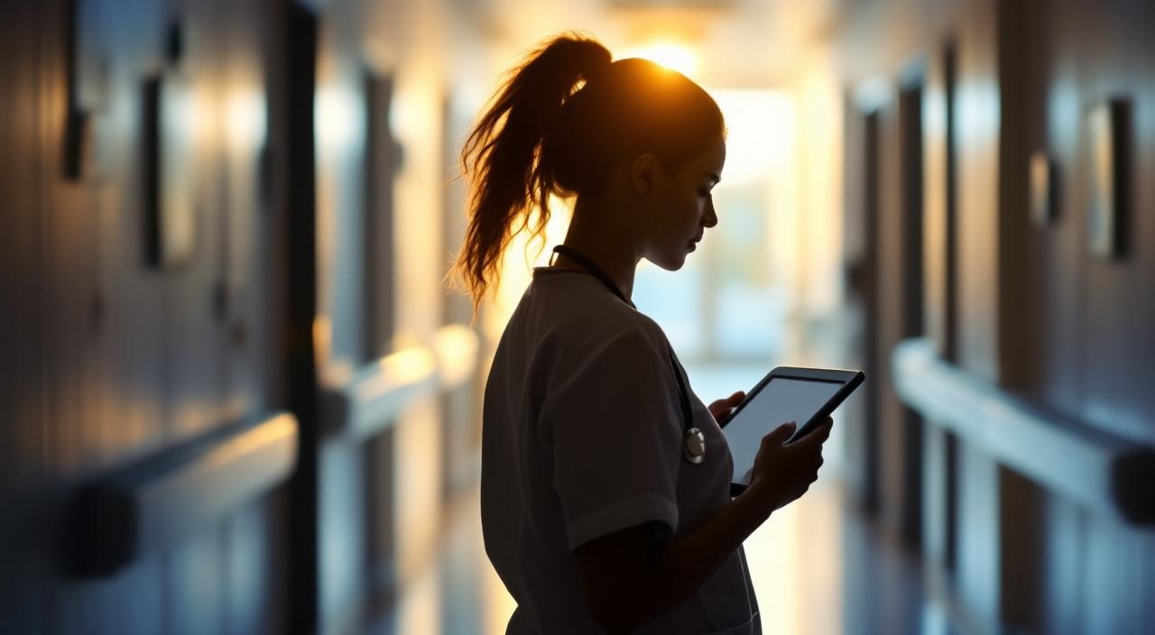 Pflegekraft in heller Pflege-Einrichtung mit Tablet, ruhige Atmosphäre