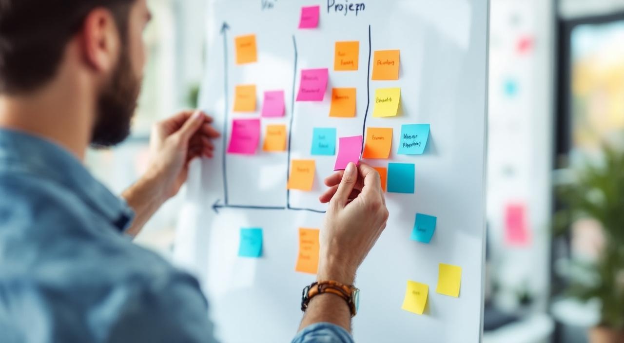 Whiteboard mit Projekt-Roadmap und Sticky Notes, Planungsatmosphäre